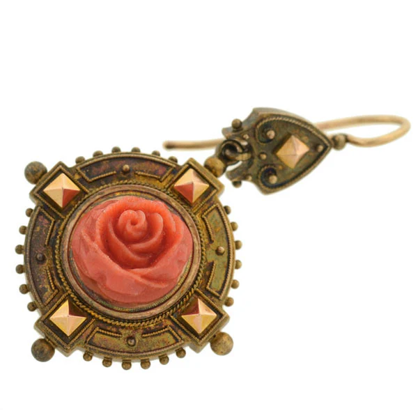 Victorian 18kt Carved Coral Rose Earring & Pin/Pendant Set - Image 6