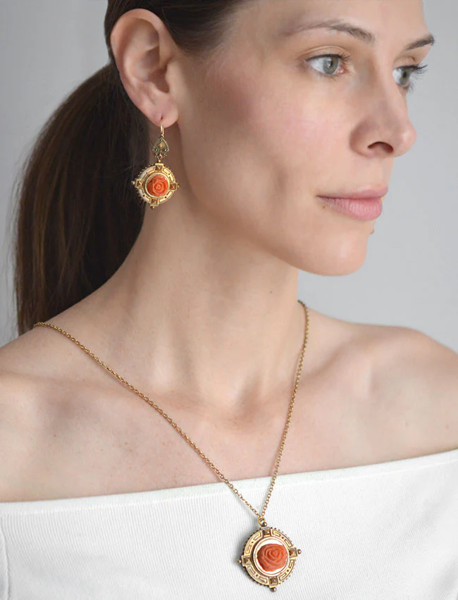 Victorian 18kt Carved Coral Rose Earring & Pin/Pendant Set - Image 9