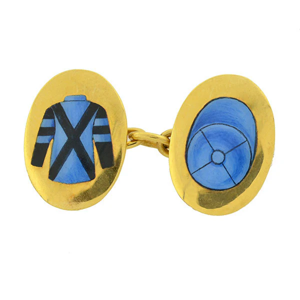 Art Deco 18kt Gold & Enamel Jockey Uniform Cufflinks - Image 3