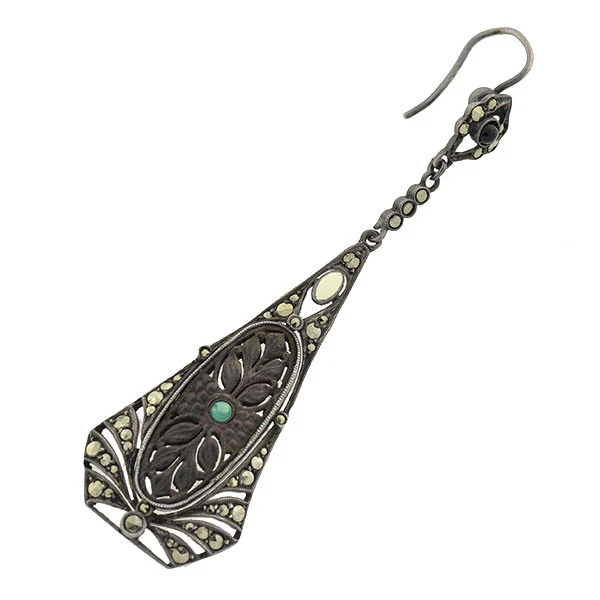 Art Deco Sterling, Wood, Emerald & Marcasite Earrings - Image 3