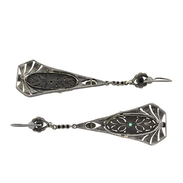 Art Deco Sterling, Wood, Emerald & Marcasite Earrings - Image 4