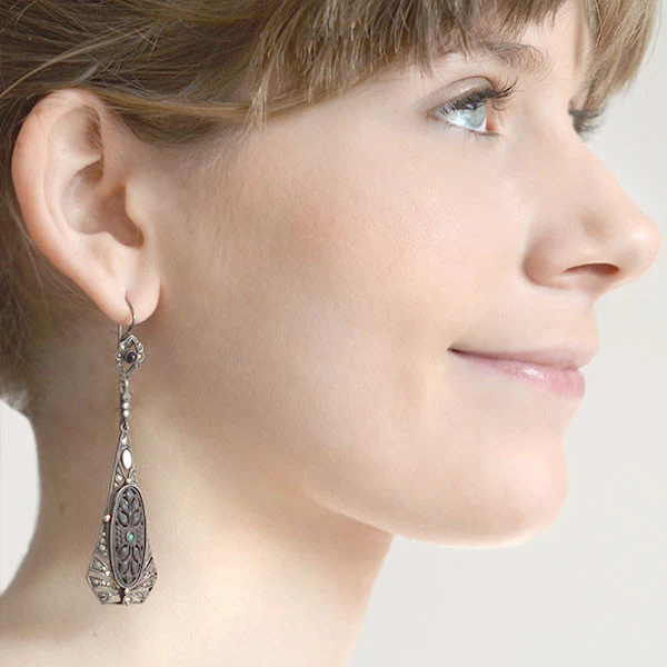 Art Deco Sterling, Wood, Emerald & Marcasite Earrings - Image 7