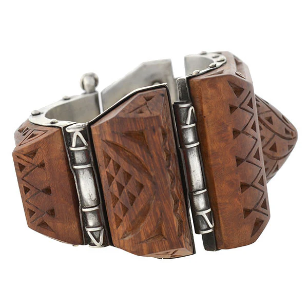 H. KLEISS Art Deco Sterling & Carved Wood Bracelet - Image 3