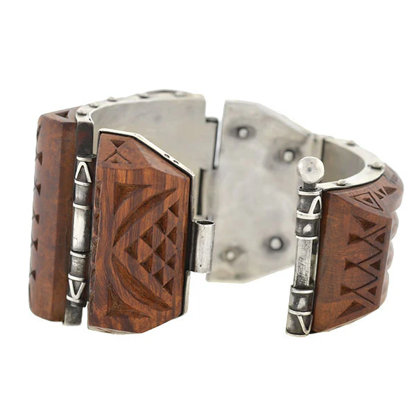 H. KLEISS Art Deco Sterling & Carved Wood Bracelet - Image 4