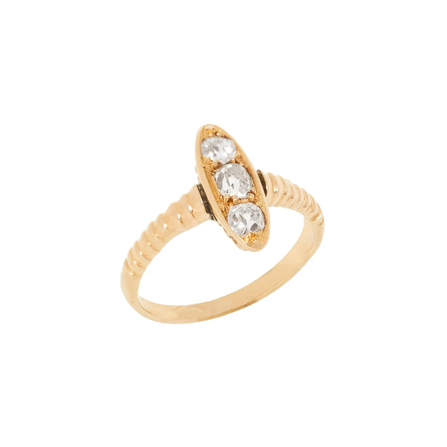 Retro 18k Mine Cut Diamond Three-Stone Navette Ring .65ctw - Image 4