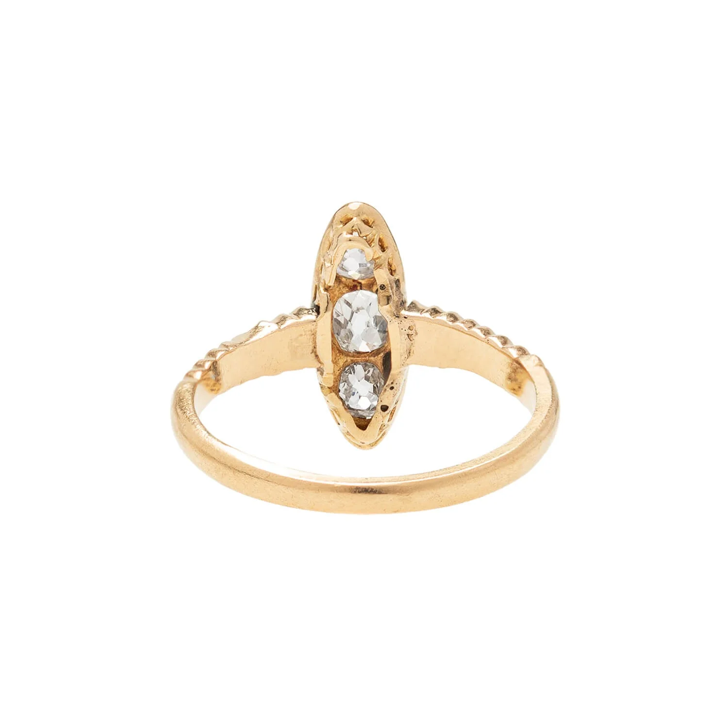 Retro 18k Mine Cut Diamond Three-Stone Navette Ring .65ctw - Image 5
