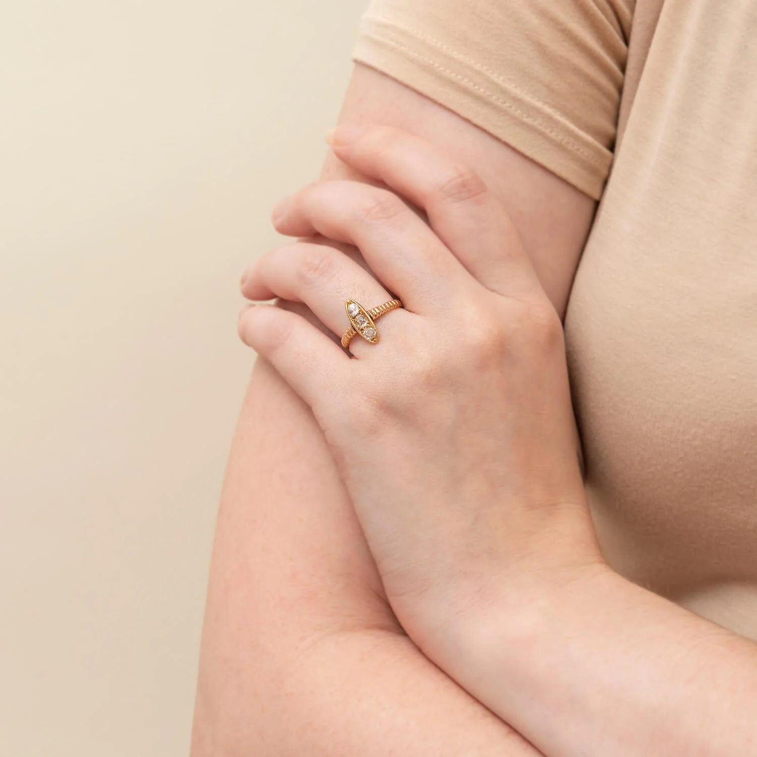 Retro 18k Mine Cut Diamond Three-Stone Navette Ring .65ctw - Image 6