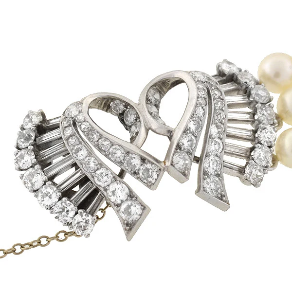 Retro 14kt 3-Strand Pearl & Diamond Bracelet - Image 4