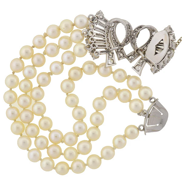 Retro 14kt 3-Strand Pearl & Diamond Bracelet - Image 5