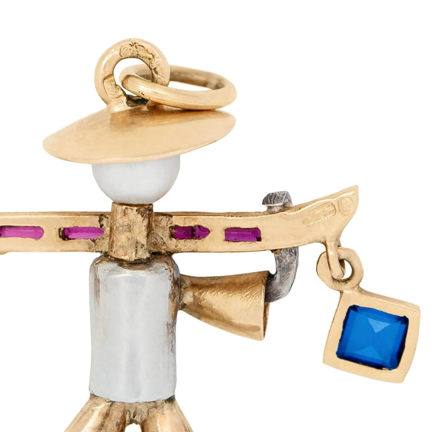 Retro Portuguese 19k Pearl Ruby and Sapphire Farmer Man Pendant - Image 4