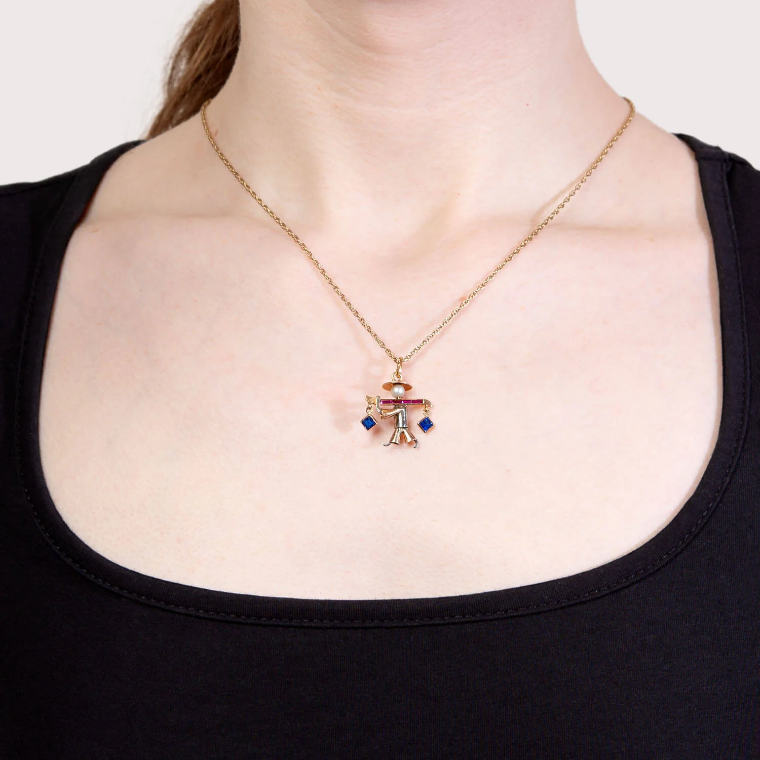 Retro Portuguese 19k Pearl Ruby and Sapphire Farmer Man Pendant - Image 5