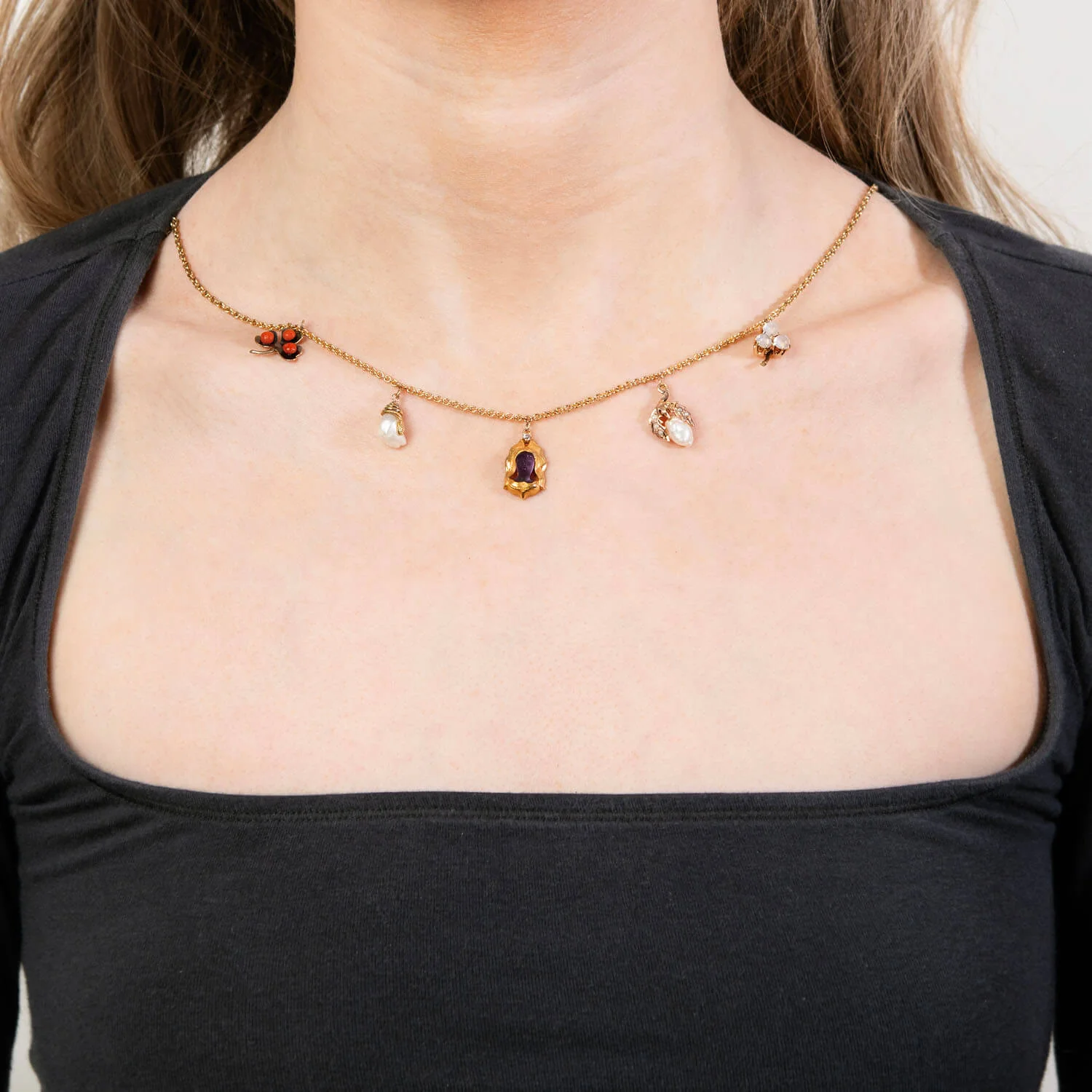 Victorian 14k Coral, Pearl, Amethyst, and Moonstone Charm Necklace - Image 5