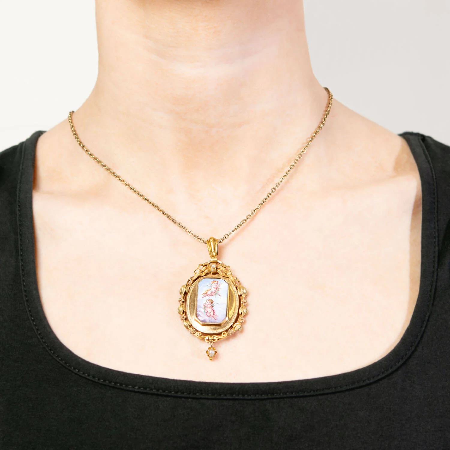 Victorian 14k Pearl Painted Enamel Cherub Locket Pendant - Image 4