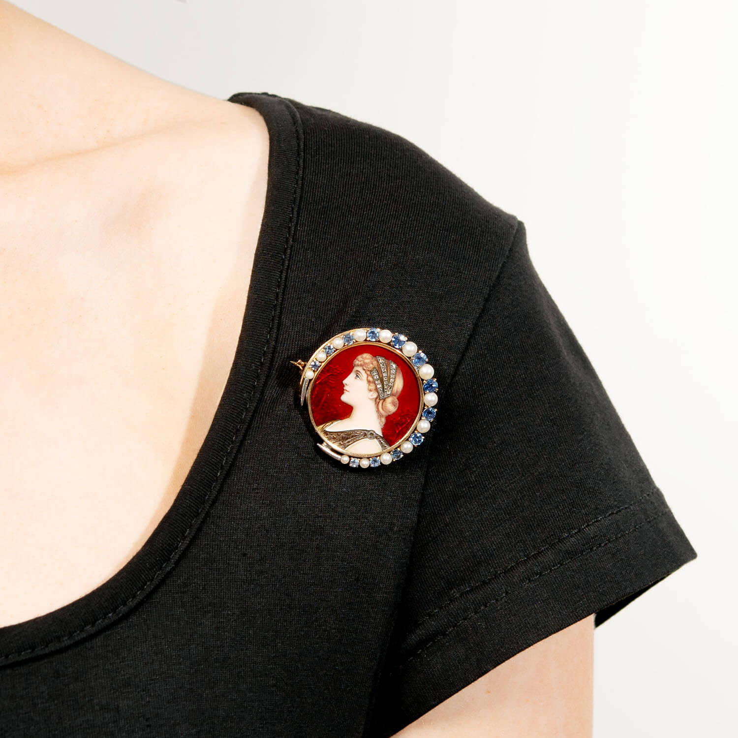 Victorian 14k/Sterling Silver Diamond Pearl and Sapphire Enameled Roman Bust Pin - Image 4