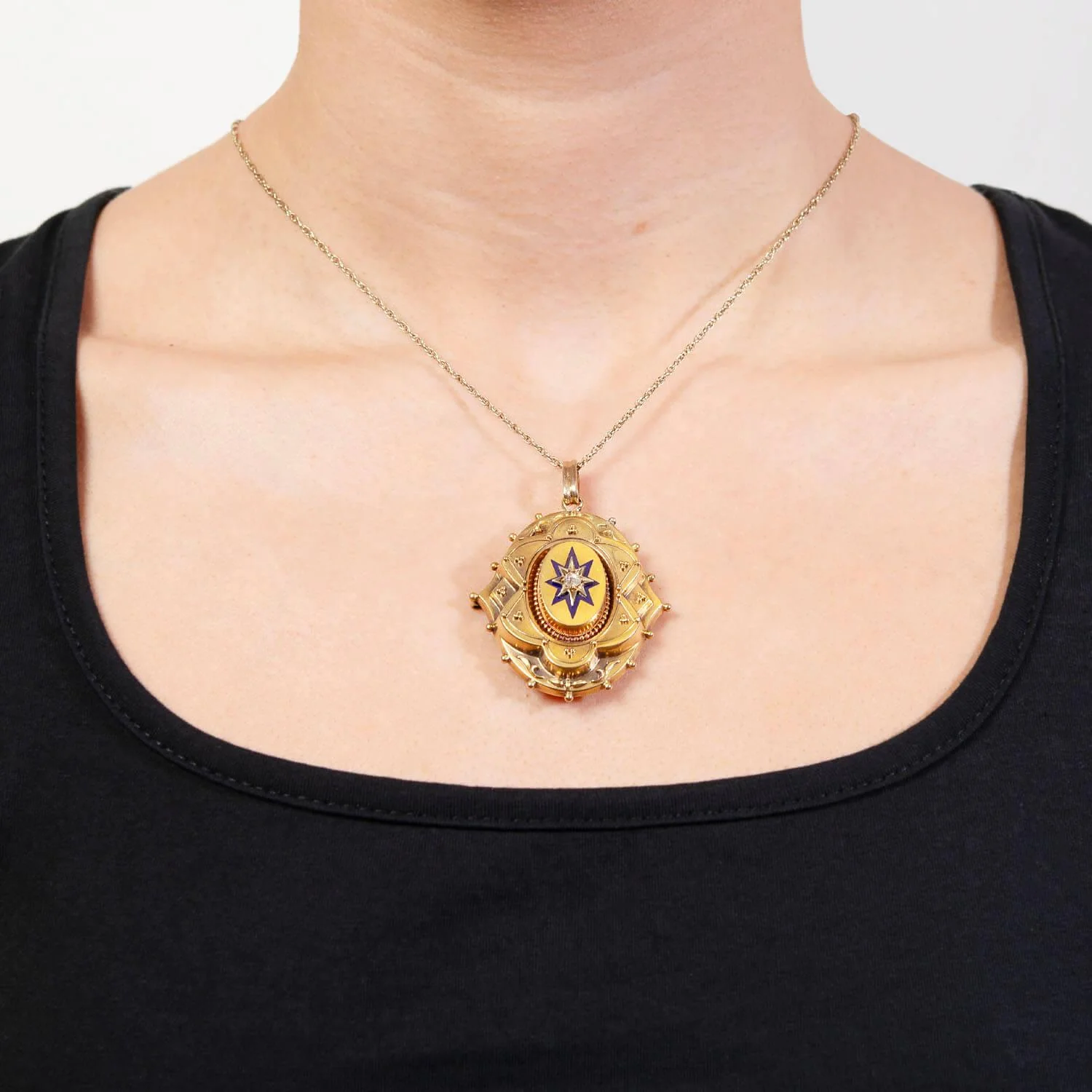 Victorian 15k Diamond Enameled Etruscan Plaque Locket Pendant - Image 6