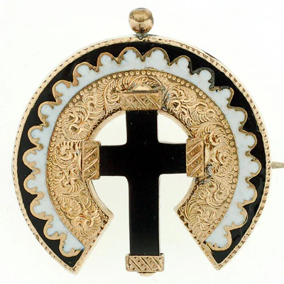 Victorian 15kt Onyx Cross & Enamel Earring & Pin Set - Image 3