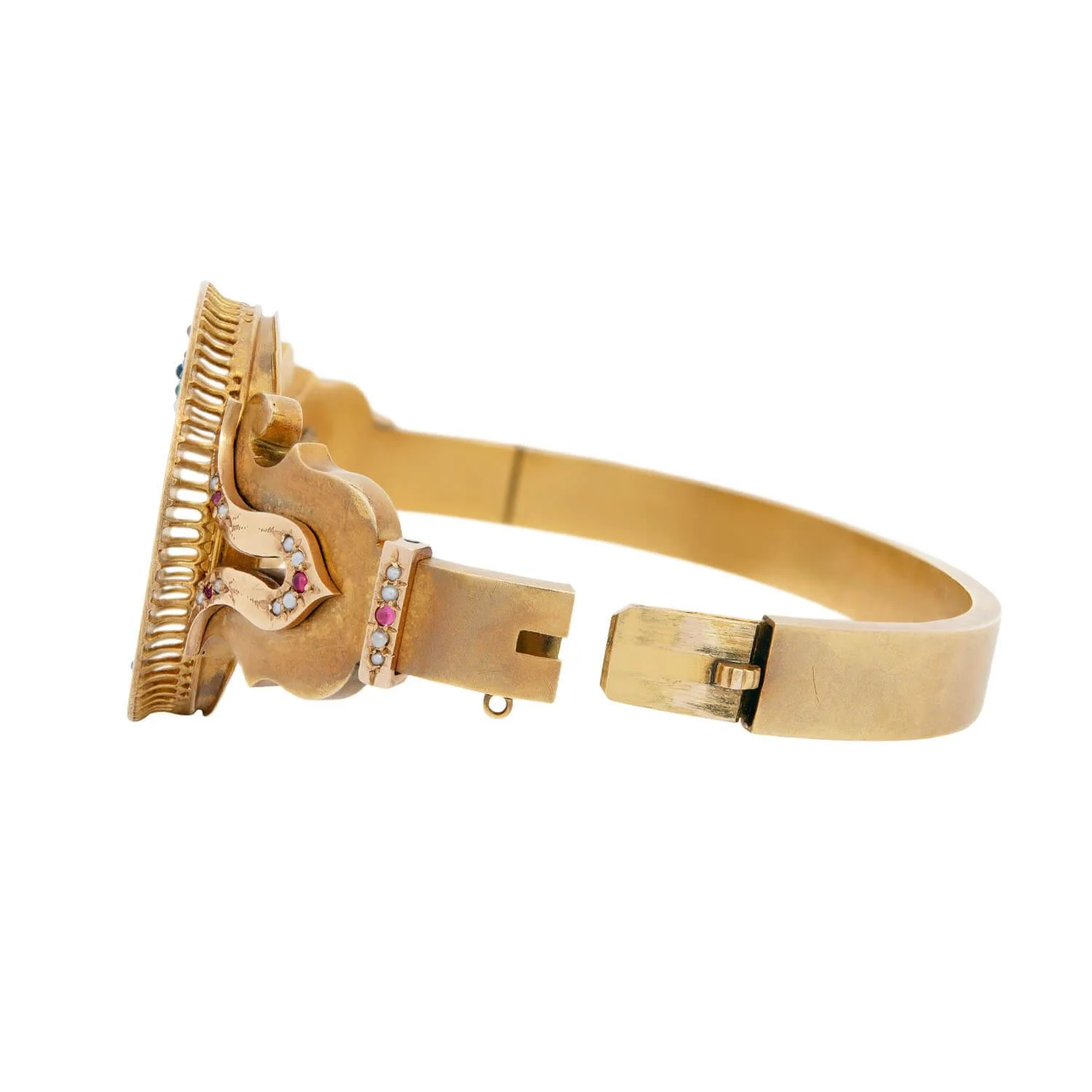 Victorian 18k Ruby, Sapphire, Emerald, and Pearl Enameled Cherub Bangle - Image 4