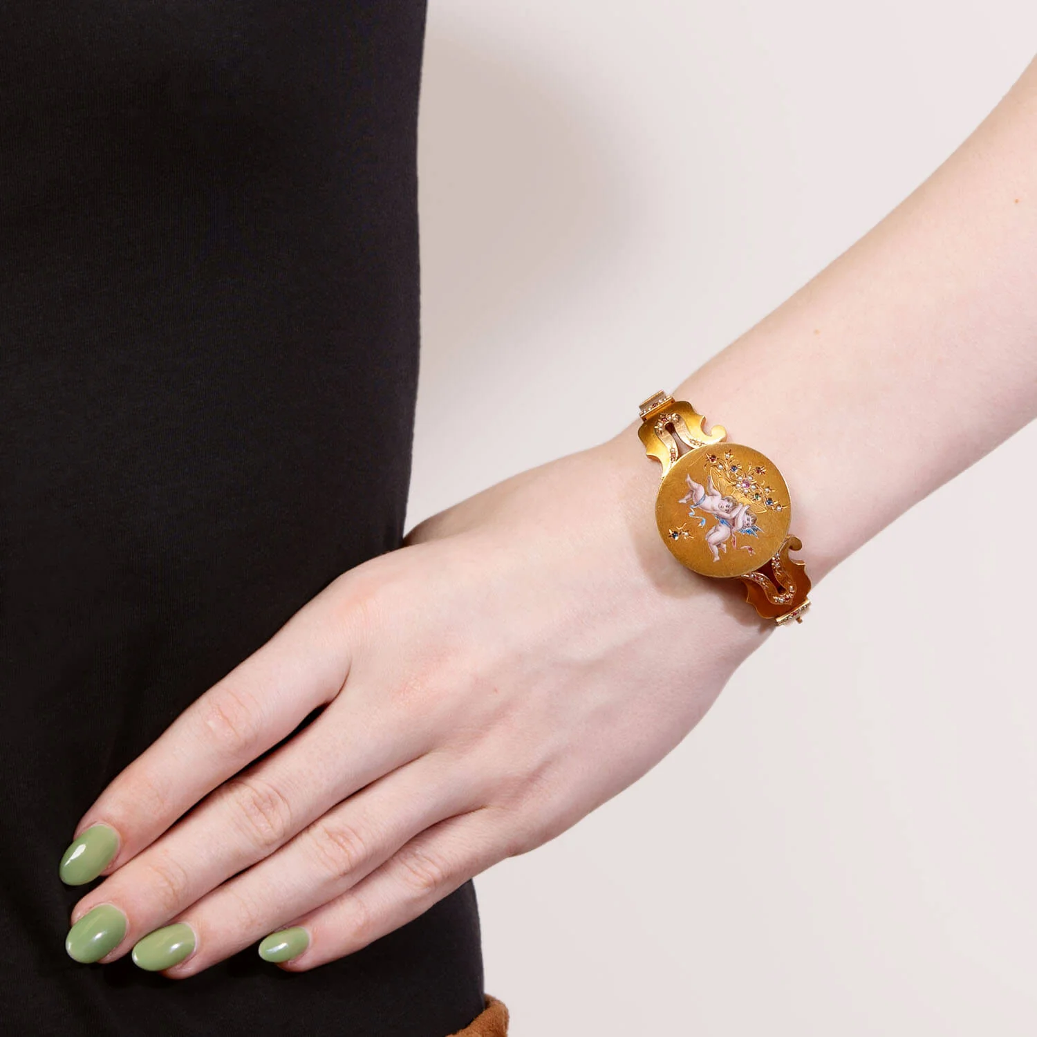 Victorian 18k Ruby, Sapphire, Emerald, and Pearl Enameled Cherub Bangle - Image 6