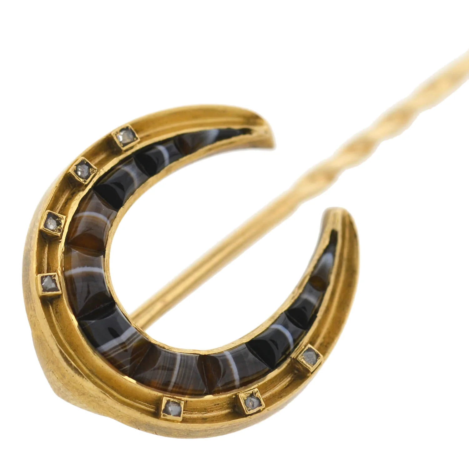 Victorian 18kt/14kt Banded Agate + Rose Cut Diamond Horseshoe Stick Pin - Image 4