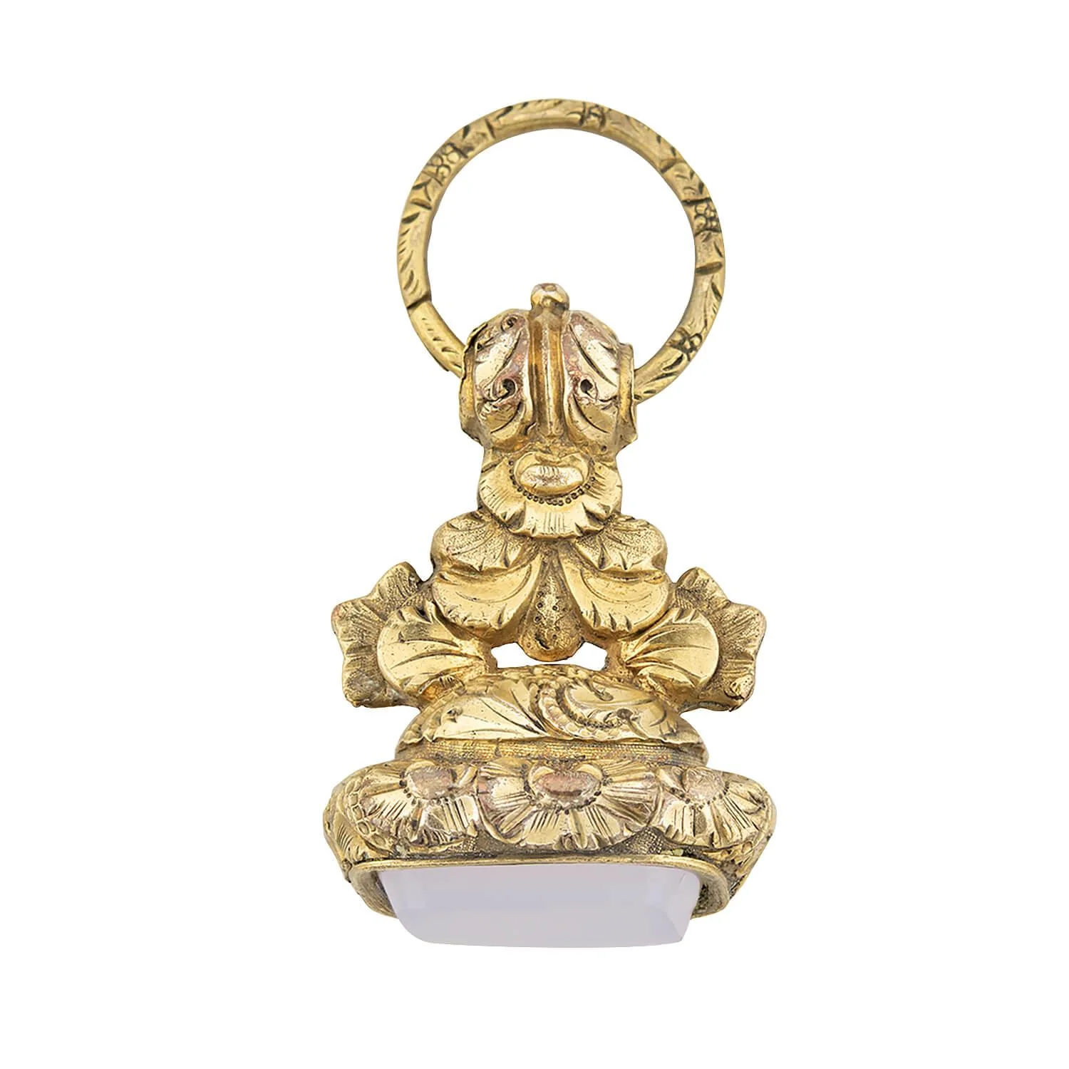 Victorian Gold Filled Chalcedony Ornate Repousse Floral Motif Fob - Image 3