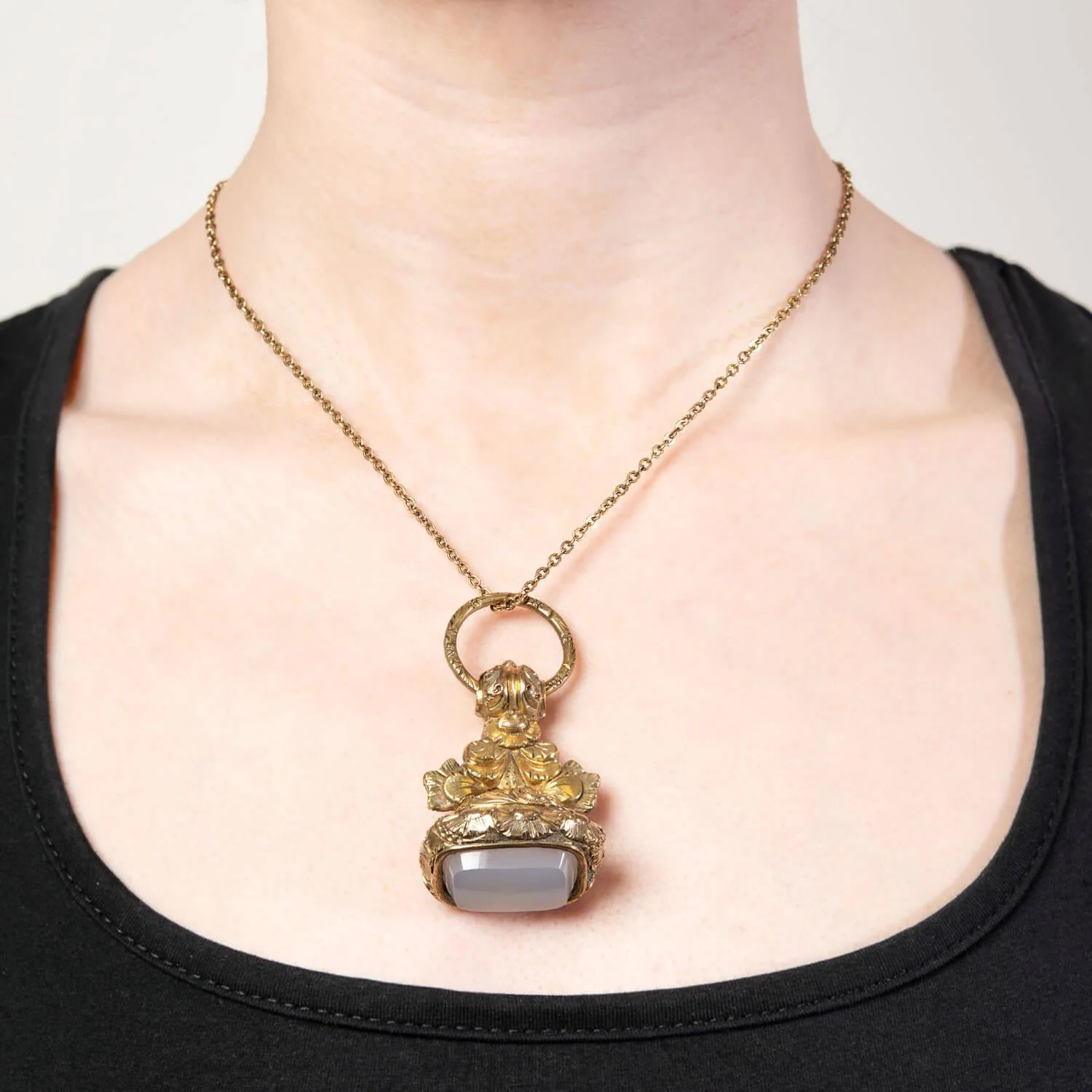 Victorian Gold Filled Chalcedony Ornate Repousse Floral Motif Fob - Image 5