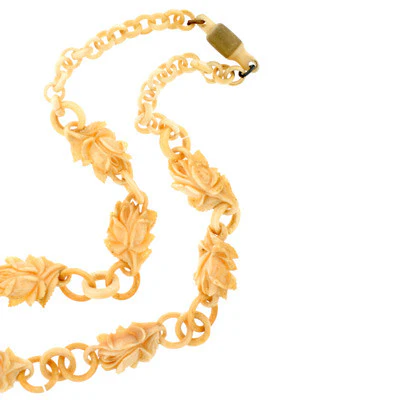 Victorian Hand Carved Bone Flower Locket & Chain - Image 3