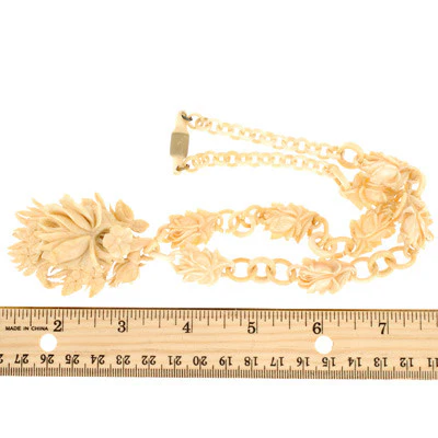 Victorian Hand Carved Bone Flower Locket & Chain - Image 8