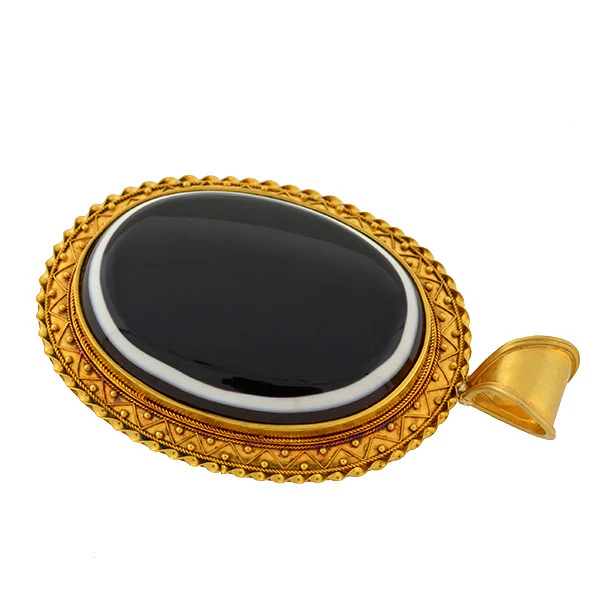 Victorian Huge 15kt Etruscan Banded Agate Pendant - Image 3