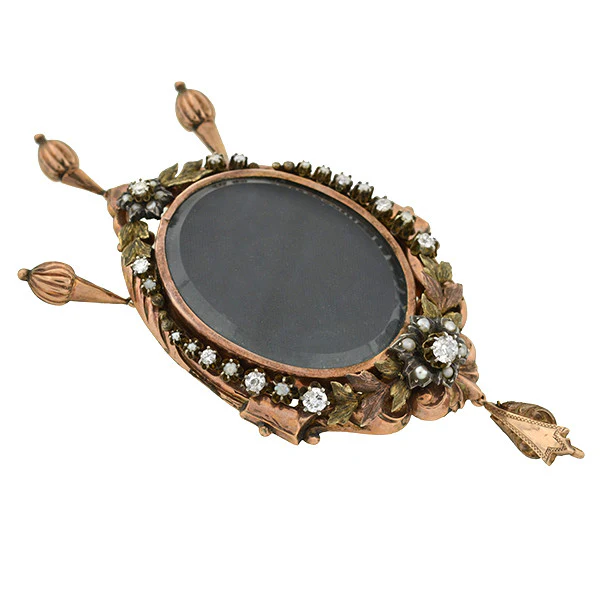 Victorian Large 15kt Pearl & Diamond Wreath Open-Faced Locket - Image 3