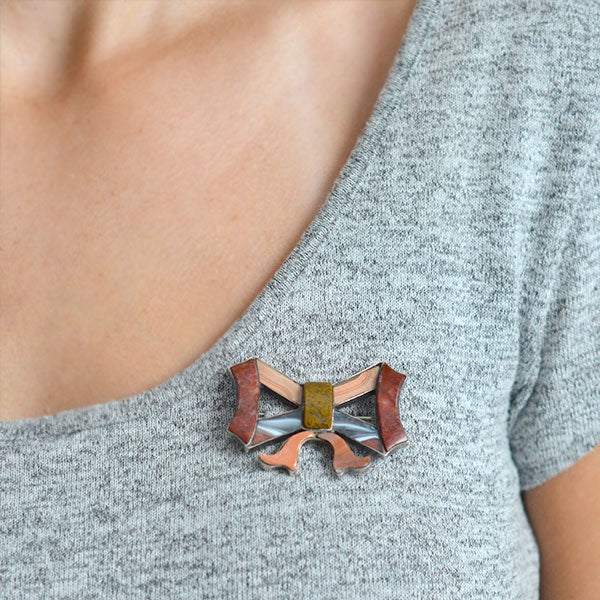 Victorian Large Sterling Silver Scottish Agate Bow Pin - Image 5