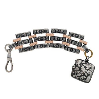 Victorian Sterling & 9kt Gold Niello Link Fob/Locket - Image 5