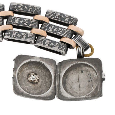 Victorian Sterling & 9kt Gold Niello Link Fob/Locket - Image 6