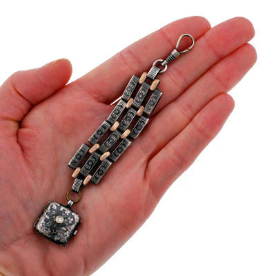 Victorian Sterling & 9kt Gold Niello Link Fob/Locket - Image 8