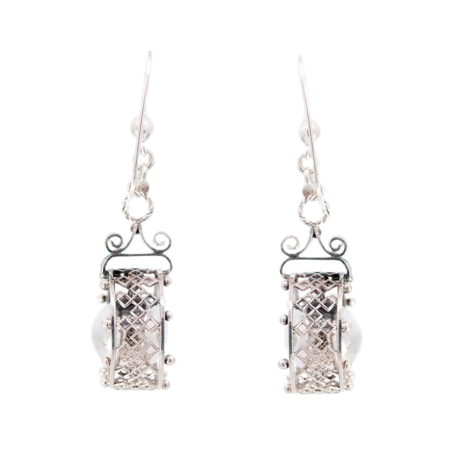 Victorian Sterling Silver Geometric Hoop and Ball Dangle Earrings - Image 3