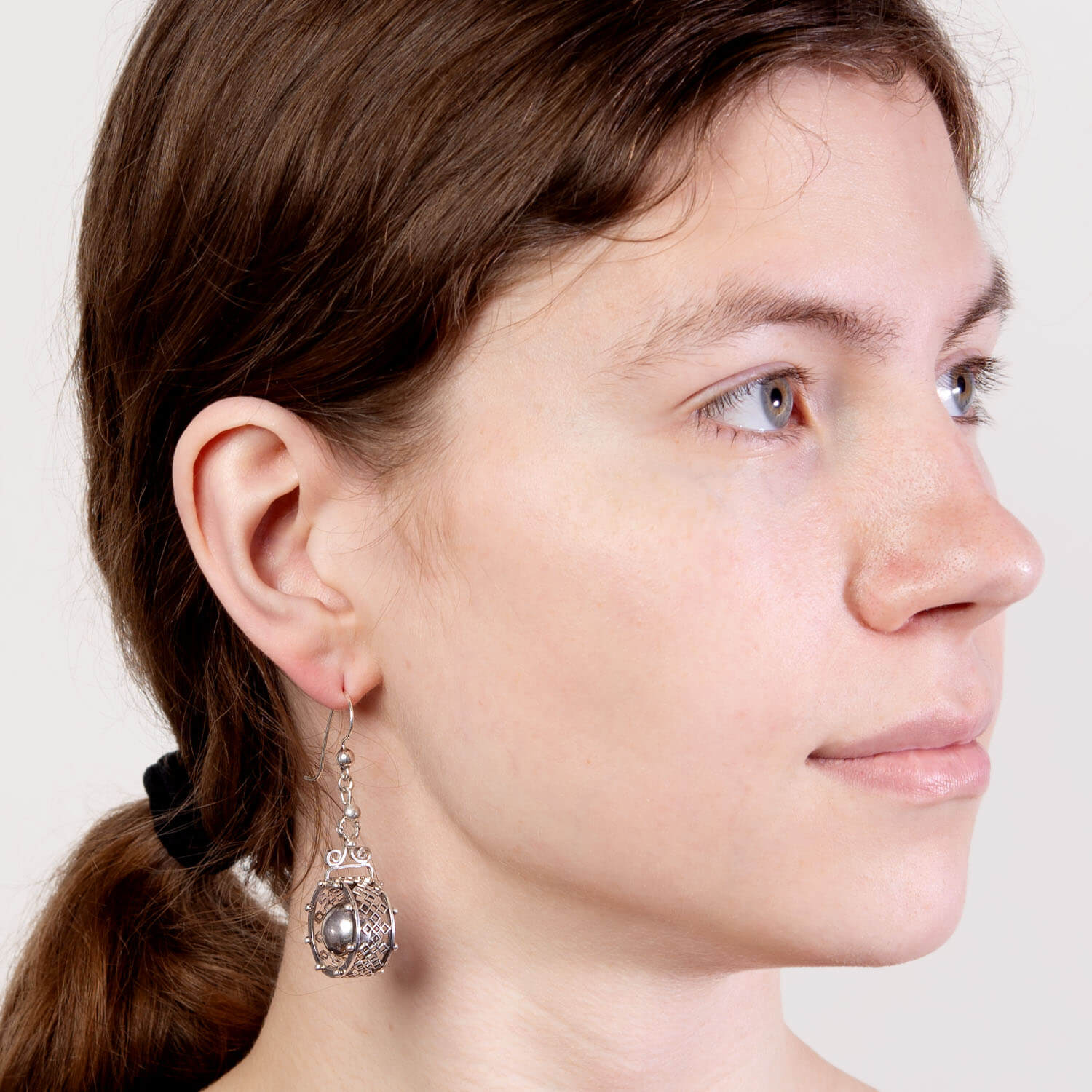 Victorian Sterling Silver Geometric Hoop and Ball Dangle Earrings - Image 4