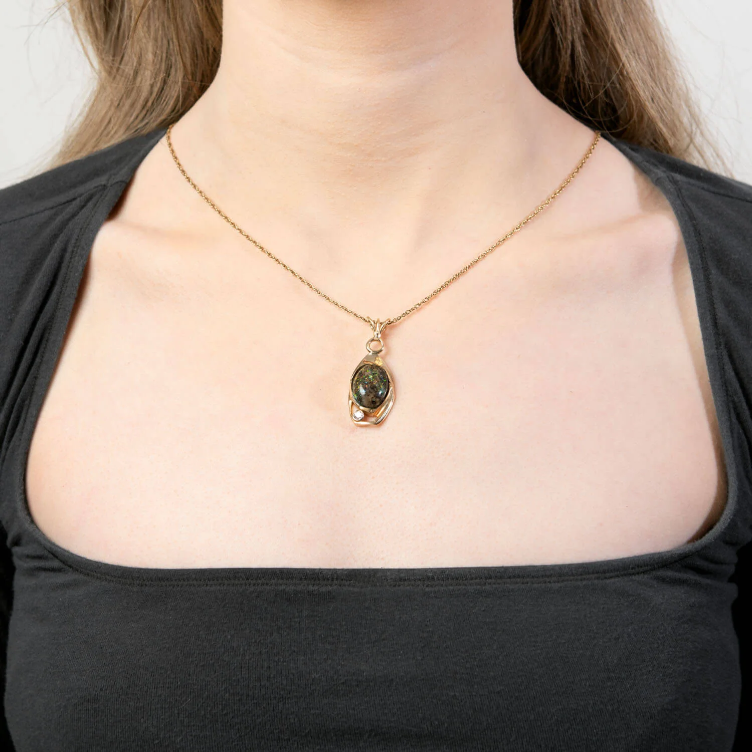 Vintage 14k “Galaxy” Black Australian Boulder Opal & Diamond Pendant - Image 4