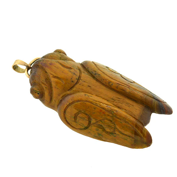 Vintage 14kt Carved Tiger's Eye Cicada Pendant - Image 3