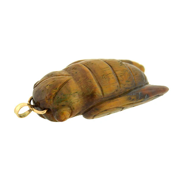 Vintage 14kt Carved Tiger's Eye Cicada Pendant - Image 4